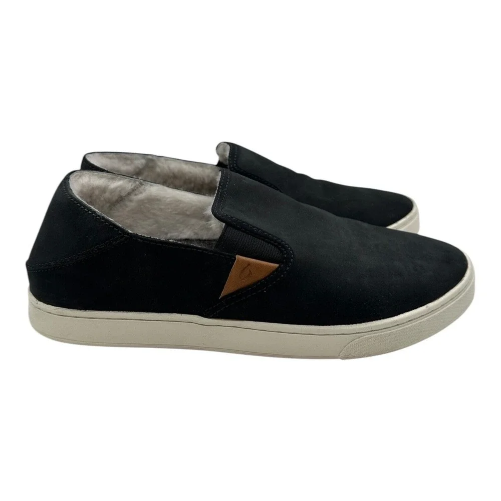 OluKai‎ Pehuea Heu Shearling Slip On Shoes Womens 10 Black Lava Leather Sneakers